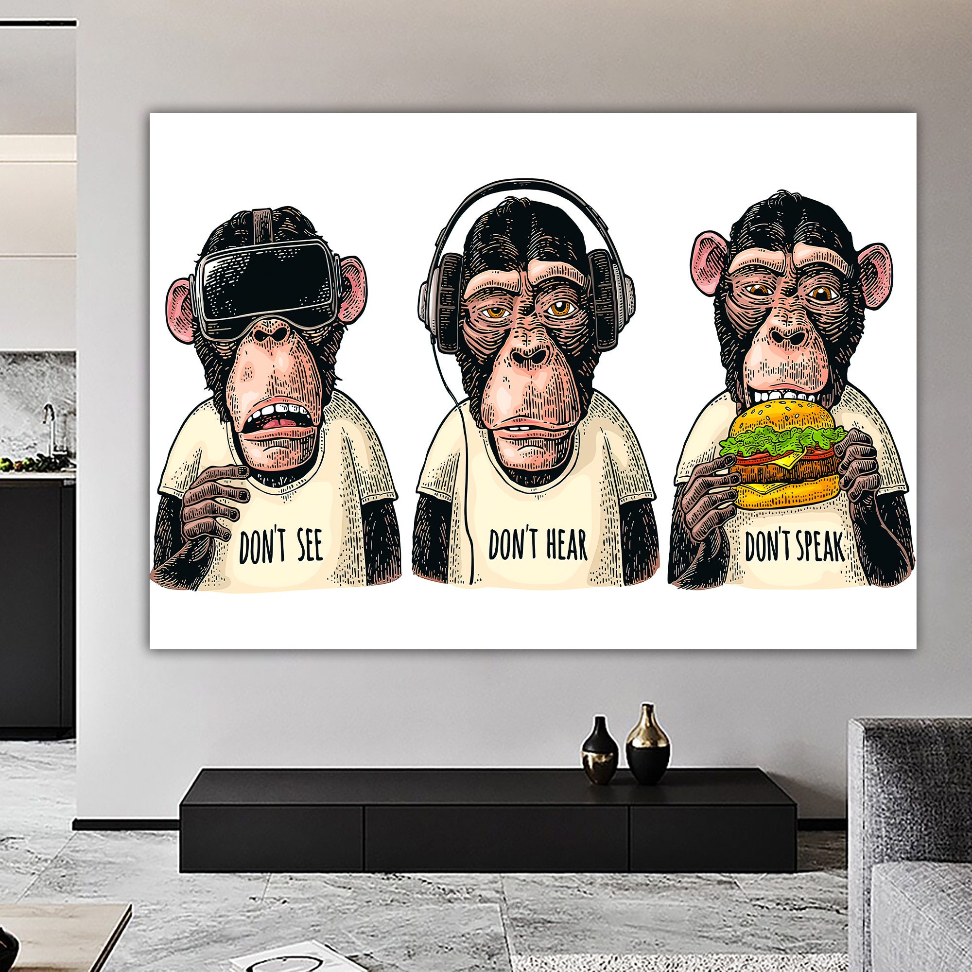 Living No Monkeys Hear Art, 3 Monkey 3 Speak, Etsy Wall See Canvas, Monkeys Canvas, No Art, Canvas, No Monkeys Print Three Animal Poster - Room