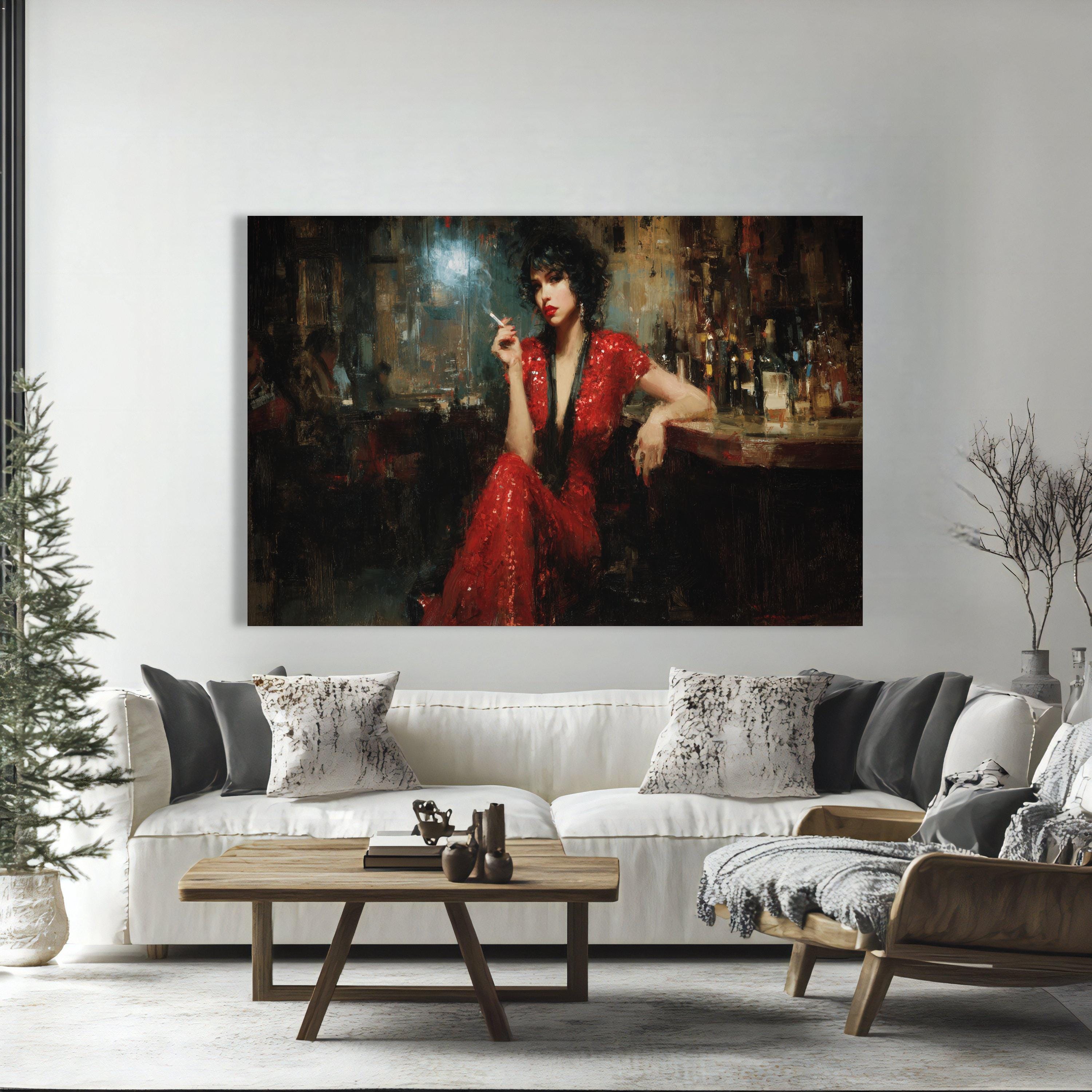 Elegant Woman in Red Dress Canvas, Vintage Bar Scene Wall Art, Chic ...