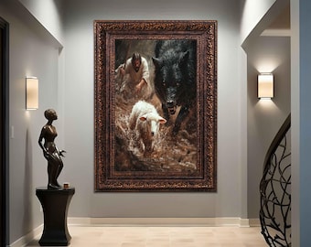 Impresión en lienzo de Jesús, lobo y cordero, arte de Jesús, arte moderno en lienzo de Jesús, pintura de Jesús, póster de Jesús, arte en lienzo de la fama de Jesús