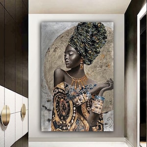 african woman canvas painting, black woman canvas print, african woman painting with ethnic woman art, gold glitter woman wall decor