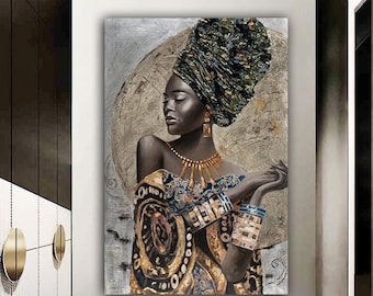 african woman canvas painting, black woman canvas print, african woman painting with ethnic woman art, gold glitter woman wall decor