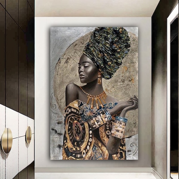 Peinture sur toile femme africaine, impression sur toile femme noire, peinture femme africaine avec art ethnique féminin, décoration murale femme pailletée d'or