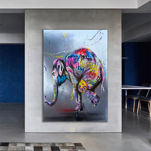 pop art elephant painting, graffiti animal print, banksy wall art, elephant canvas painting,