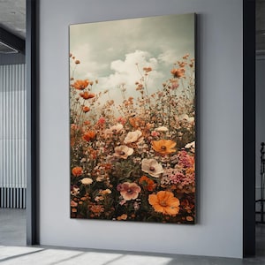 Wildflower Field canvas Wall Art, Vintage Botanical Landscape art, Floral Decor, Modern Farmhouse Canvas Art, Field Of Flowers Canvas Print