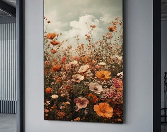 Arte de pared en lienzo con campo de flores silvestres, arte de paisaje botánico vintage, decoración floral, arte de lienzo de granja moderna, impresión en lienzo de campo de flores
