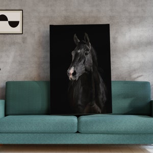 peinture de cheval noir, impression de toile de cheval, impression de toile de portrait de cheval, décoration murale de cheval noir, impression de toile d'animal