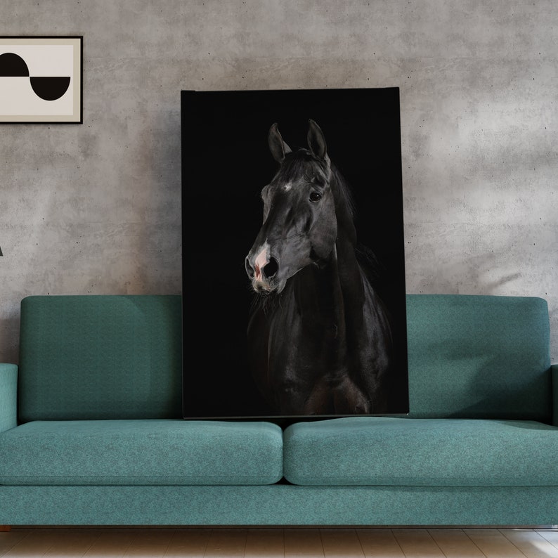 black horse painting, horse canvas print, horse portrait canvas print, black horse wall decor, animal canvas print image 1