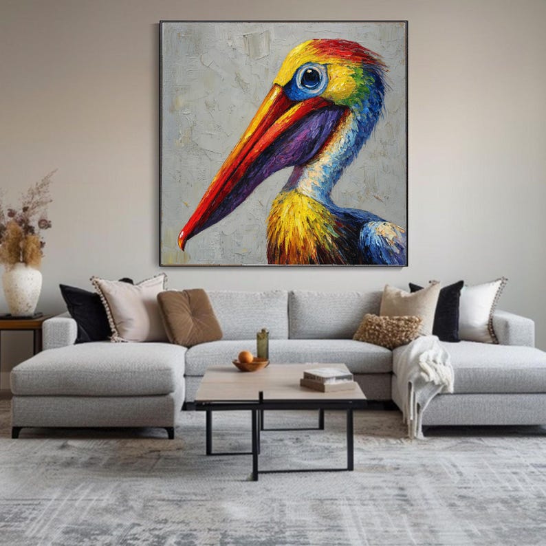 Vibrant Pelican Close-up Canvas Wall Art, Colorful Bird Painting ...
