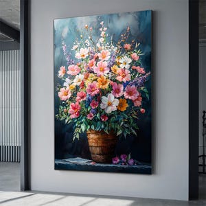 Pink flowers in a vase canvas painting, floral wall decor, rustic flower art, oil painting-looking flower art