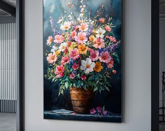 Pink flowers in a vase canvas painting, floral wall decor, rustic flower art, oil painting-looking flower art