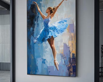 Ballerina in blue dress canvas art, dance and music poster, dancing woman wall art, ballet painting