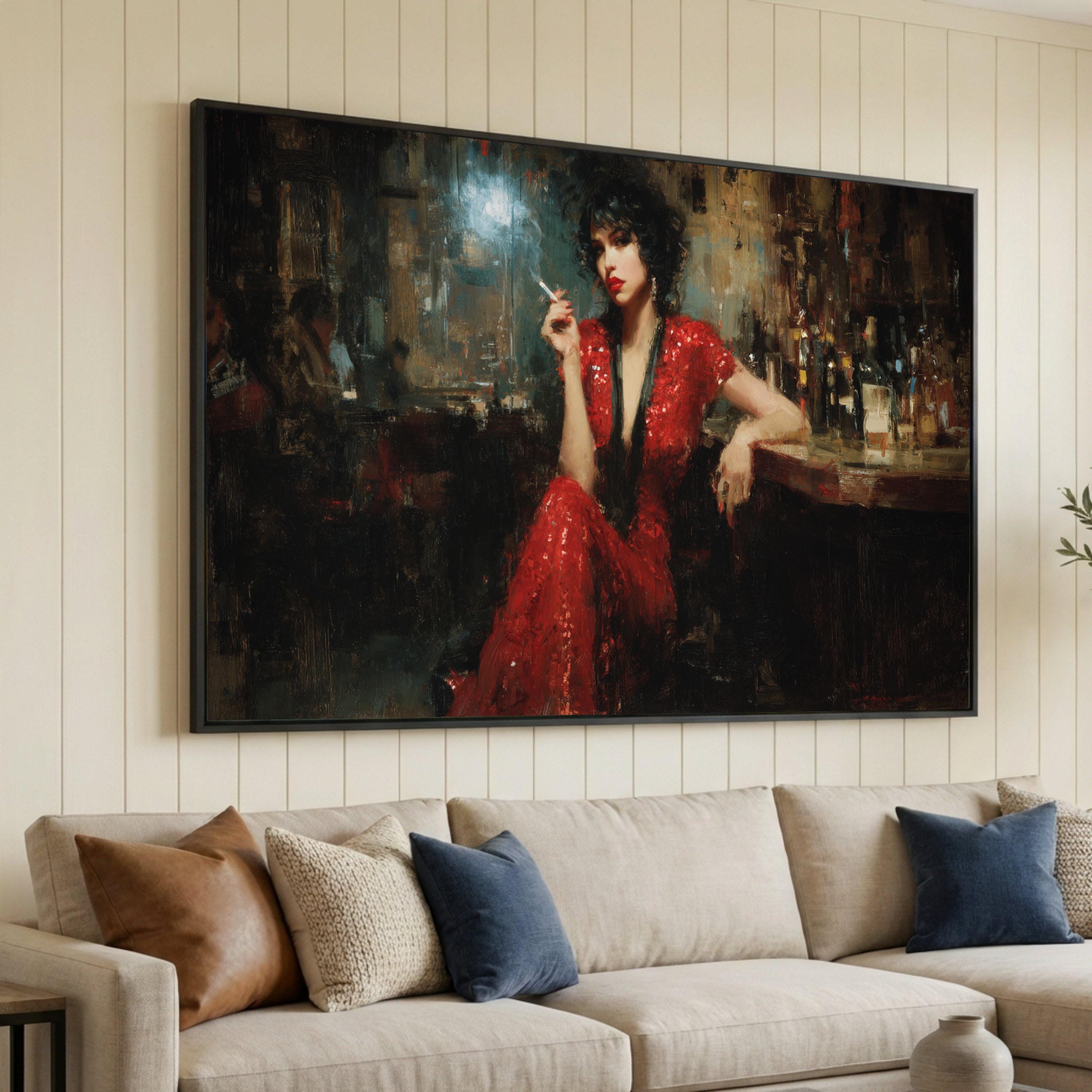Elegant Woman in Red Dress Canvas, Vintage Bar Scene Wall Art, Chic ...