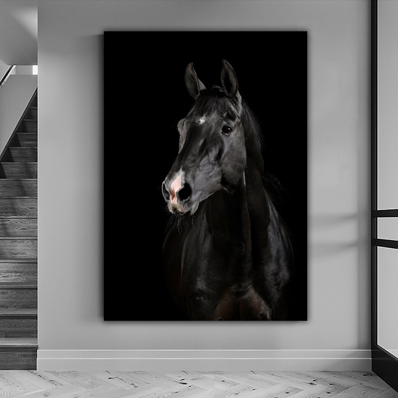 black horse painting, horse canvas print, horse portrait canvas print, black horse wall decor, animal canvas print image 3