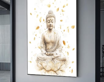 Serene Buddha Wall Art ,White & Gold Buddha Painting , Zen Meditation Art , Peaceful Buddha Decor, Spiritual Mindfulness Canvas wall art