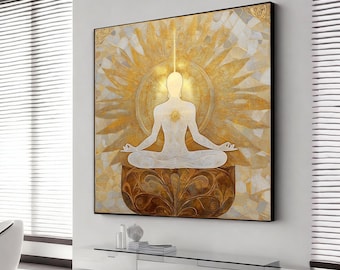 Meditation canvas, meditating buddhist wall decor, golden buddha canvas