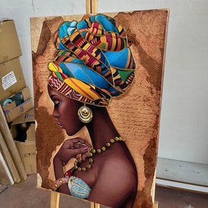 african woman canvas painting, black woman canvas print, african woman painting with glitter texture, gold glitter woman wall decor