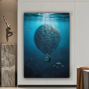 Flying balloon canvas, balloon print in surreal sea, surreal canvas painting, undersea balloon wall art, abstract flying balloon home decor