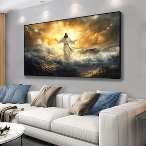 Jesus Walking on Water Canvas Painting – Spiritual Wall Decor, Divine Light Modern Canvas Art, jesus poster, Christian Gift