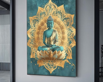 Buddha and lotus canvas, meditation art, buddhism religious ritual wall decor, zen garden poster