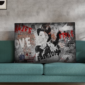 fashion girl canvas painting, black and white woman painting, cartoon girl canvas print, graffiti girl wall decor