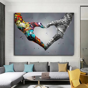 graffiti heart sign hands canvas, banksy wall art, graffiti canvas painting, hands canvas print, pop art love sign canvas decor