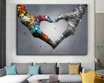 graffiti heart sign hands canvas, banksy wall art, graffiti canvas painting, hands canvas print, pop art love sign canvas decor