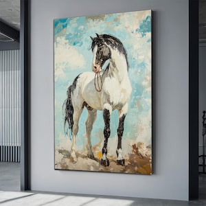 Lienzo de caballo blanco, arte de caballos, póster de caballos, decoración de pared de oficina, regalo de decoración de pared de casa de campo