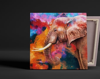 Impresión en lienzo de elefante colorido, decoración contemporánea del hogar, pintura de elefante colorido, pintura de animales, arte de pared de elefante