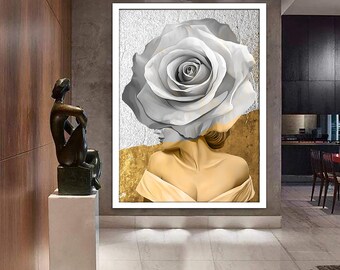 woman with flower head canvas painting, framed woman canvas print, woman poster, woman with rose body painting, framed home decor