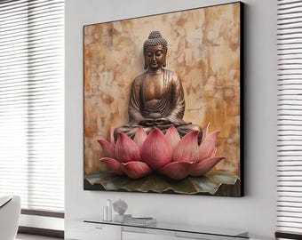 Serene Buddha with Lotus Flowers , Tranquil Meditation Art , Zen Wall Decor for Mindful Living Spaces , Spiritual Canvas Print,buddha poster