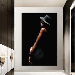 woman in hat canvas painting, woman silhouette canvas print, black woman wall decor, woman canvas print