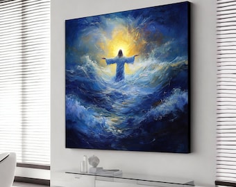 Jesus Walking on Water Canvas, Spiritual Wall Decor, Divine Light Modern Canvas Art, framed Artwork, Christian Gift Canvas, jesus poster