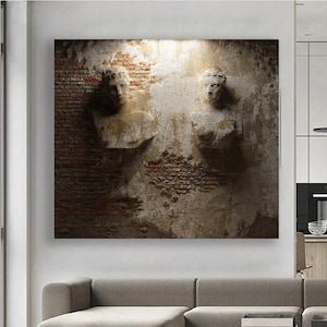 sculpture couple canvas print , love couples wall decor , 3d effect canvas painting , people coming out of the wall canvas