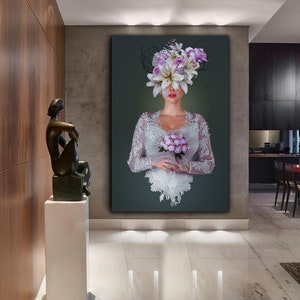 bride girl canvas painting, woman with flower head print, women canvas print, woman home decor with white flowers, abstract woman wall art