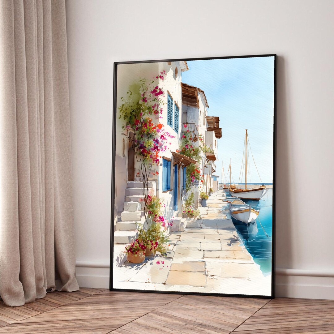 Mediterranean Seaside Village Canvas, Coastal Landscape Wall Art ...