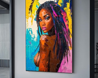 Black afro american  woman canvas, black woman painting, african girl poster, home decor, home gift woman wall art