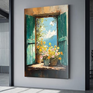 Puede incluir: Una pintura de una ventana con contraventanas abiertas y una vista de una cordillera. Hay tres plantas en macetas con flores amarillas y rosas delante de la ventana.