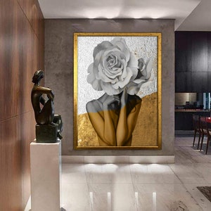 Cuadro sobre lienzo de mujer con cabeza de flor, cuadro sobre lienzo de mujer enmarcado, póster de mujer, cuadro de mujer con cuerpo de rosa, decoración del hogar enmarcada