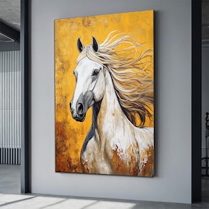 Toile blanche de portrait de cheval, art de cheval avec le fond d&#39;or, affiche de cheval, décoration de mur de bureau