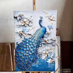 BLUE peacock canvas painting, peacock canvas print, bird wall decor, blue peacock canvas art