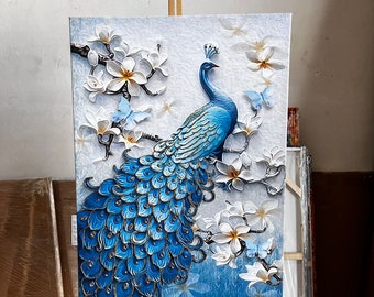 BLUE peacock canvas painting, peacock canvas print, bird wall decor, blue peacock canvas art