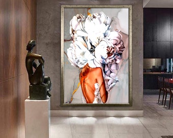 woman with flower head canvas painting, framed woman canvas print, woman poster, woman with rose body painting, framed home decor