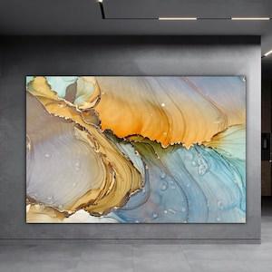 Orange and blue marble Canvas Decor, Modern Artwork, Marble Wall Art Canvas, gold and blue Canvas Print, Luxury Wall Decor, Abstract Canvas