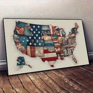 May include: A framed map of the United States with a distressed, vintage design. The map is filled with a collage of American flag imagery and patriotic colours, including red, white, and blue. The artwork is set against a neutral background and framed in black.
