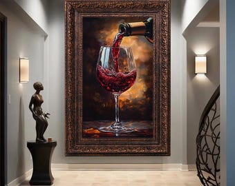 Quadro su tela raffigurante un bicchiere di vino rosso – Elegante dipinto su un bicchiere di vino per decorare la parete della cucina o della sala da pranzo – Stampa artistica moderna per gli amanti del vino, stampa murale dedicata al vino