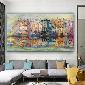 Canvas Kleurrijke huizen, abstracte huizenschilderij, canvasafdruk woonomgeving, aquarel ogende gebouwen canvas schilderij