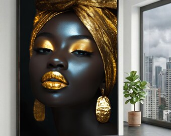 Lienzo con retrato glamuroso dorado, arte mural de maquillaje metálico, lienzo de belleza africana, decoración de moda moderna, obra de arte con brillo metálico de lujo