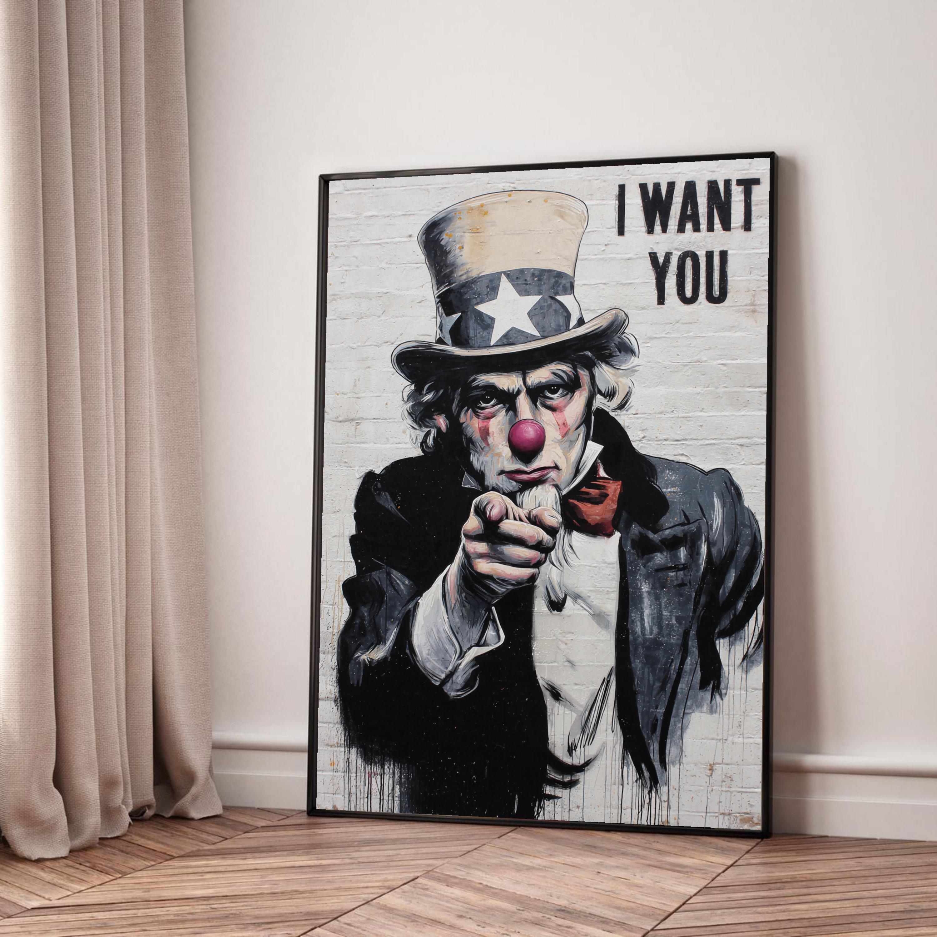 Uncle Sam Clown Pointing Wall Art, I Want You Canvas, Patriotic