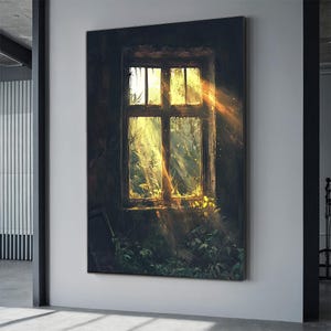 Window landscape canvas, sunlight reflected home window wall art, moody room canvas print