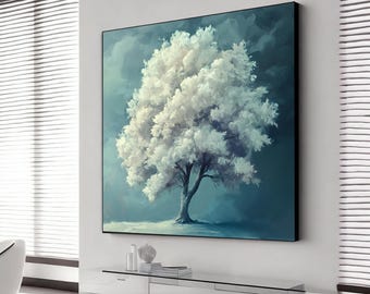White tree canvas, snowy tree landscape art, nature artwork print, tree poster, framed tree home gift